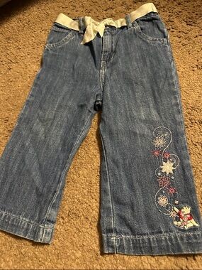 VINTAGE WINNIE THE POOH Jeans with Embroidered Snowflake Accent and Ribbon Waist